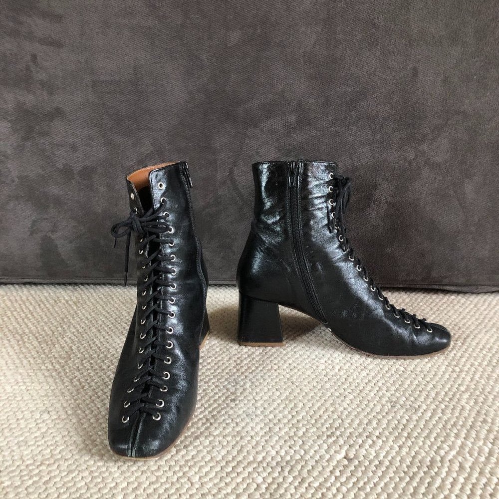 By Far Becca lace-up leather ankle boots in black leather